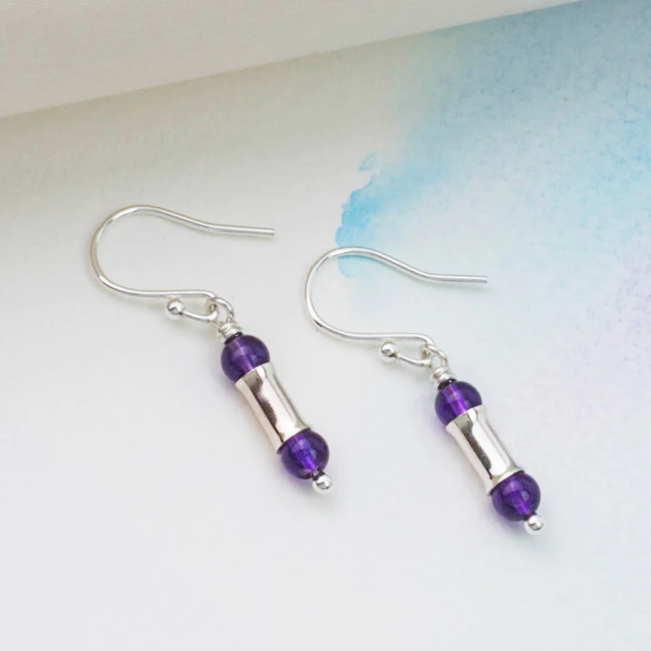 Amethyst and Silver Short Bamboo Earrings