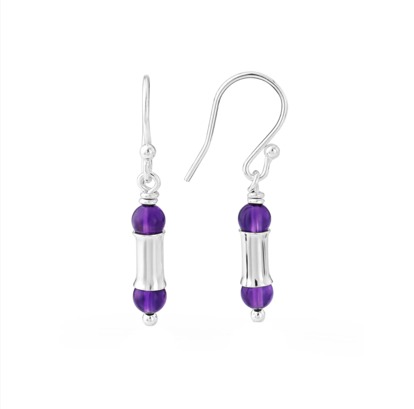 Amethyst and Silver Short Bamboo Earrings