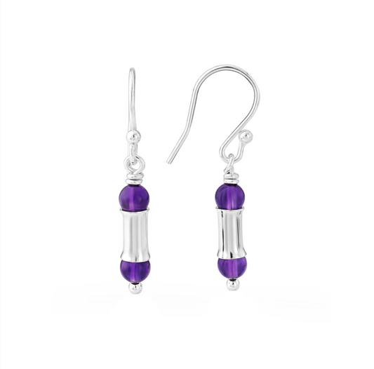Amethyst and Silver Short Bamboo Earrings