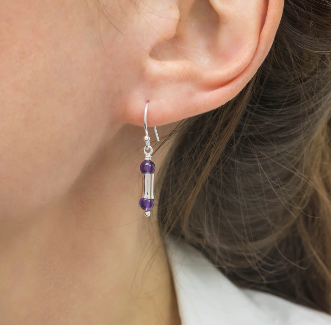 Amethyst and Silver Short Bamboo Earrings